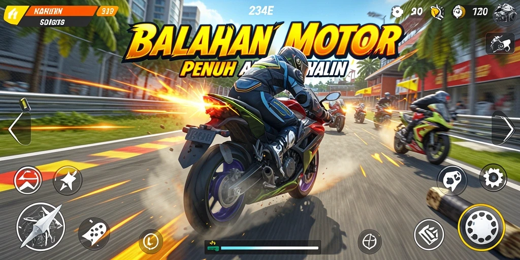 Gameplay 234E yang seru dengan balapan motor yang menantang.