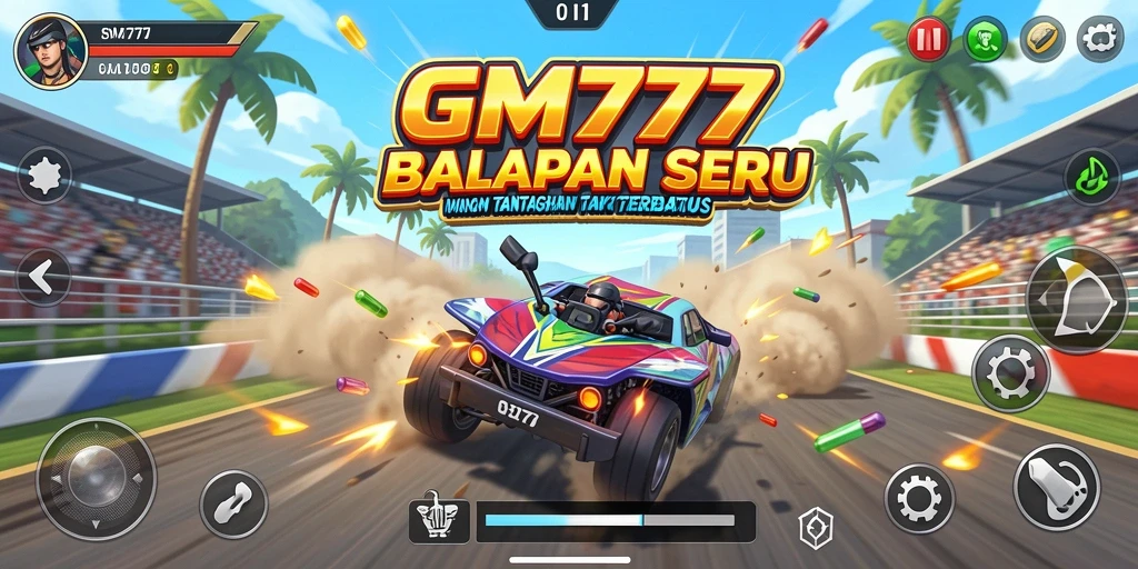 Gameplay balapan seru di GM777 yang menampilkan mobil dan trek menakjubkan.