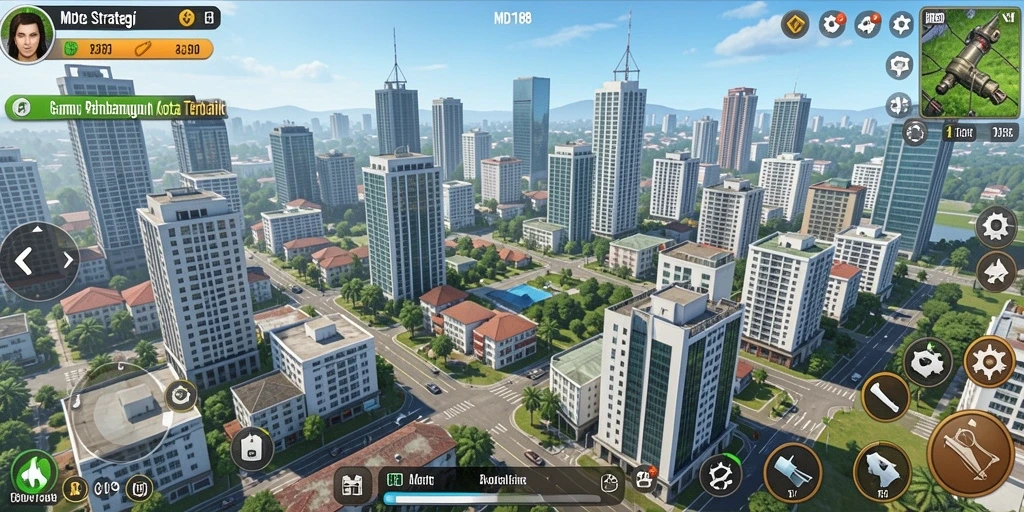 Screenshot dari gameplay <strong>MDG188</strong> menunjukkan pembangunan kota yang dinamis.