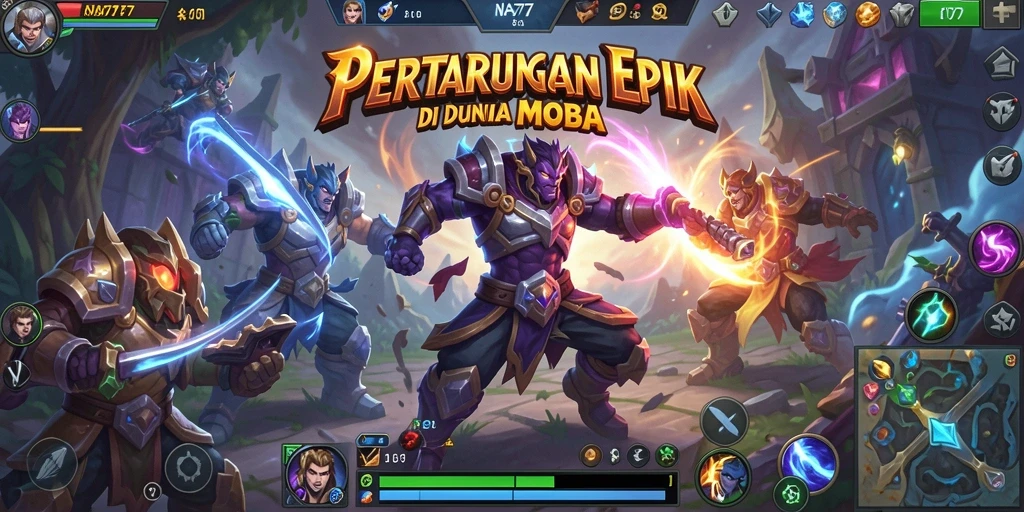 Tampilan gameplay NA777 yang penuh aksi dan strategi MOBA.