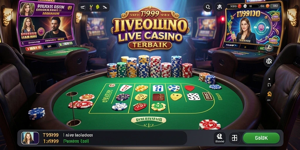 Screenshot gameplay T9999 yang menampilkan dealer langsung dan suasana kasino.