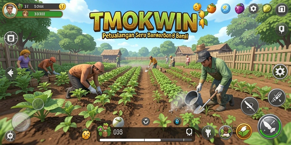 Tampilan gameplay TMOKWIN yang menampilkan kebun yang indah dan aktivitas bertani.